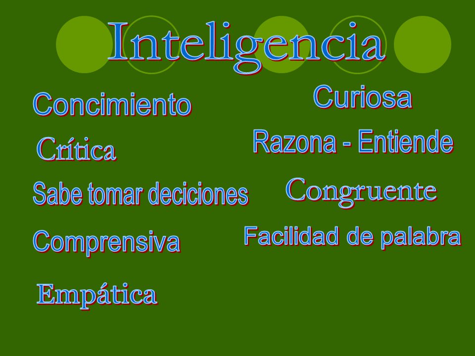 Inteligencia Curiosa. Concimiento. Razona - Entiende. Crítica. Congruente. Sabe tomar deciciones.