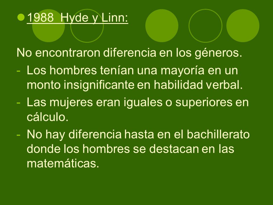 1988 Hyde y Linn: No encontraron diferencia en los géneros. Los hombres tenían una mayoría en un monto insignificante en habilidad verbal.