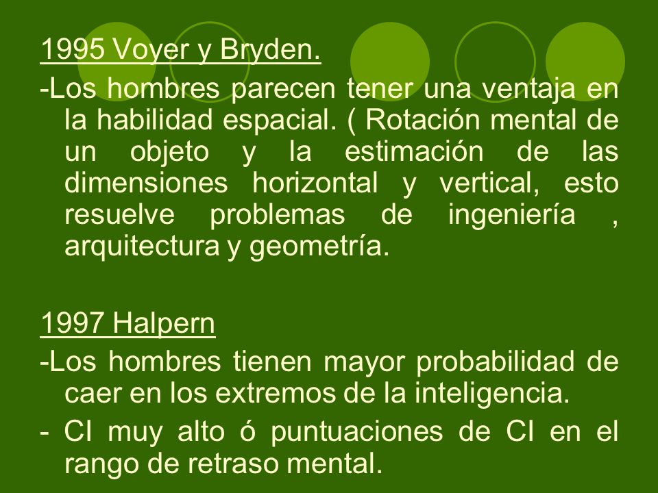1995 Voyer y Bryden. -Los hombres parecen tener una ventaja en la habilidad espacial.