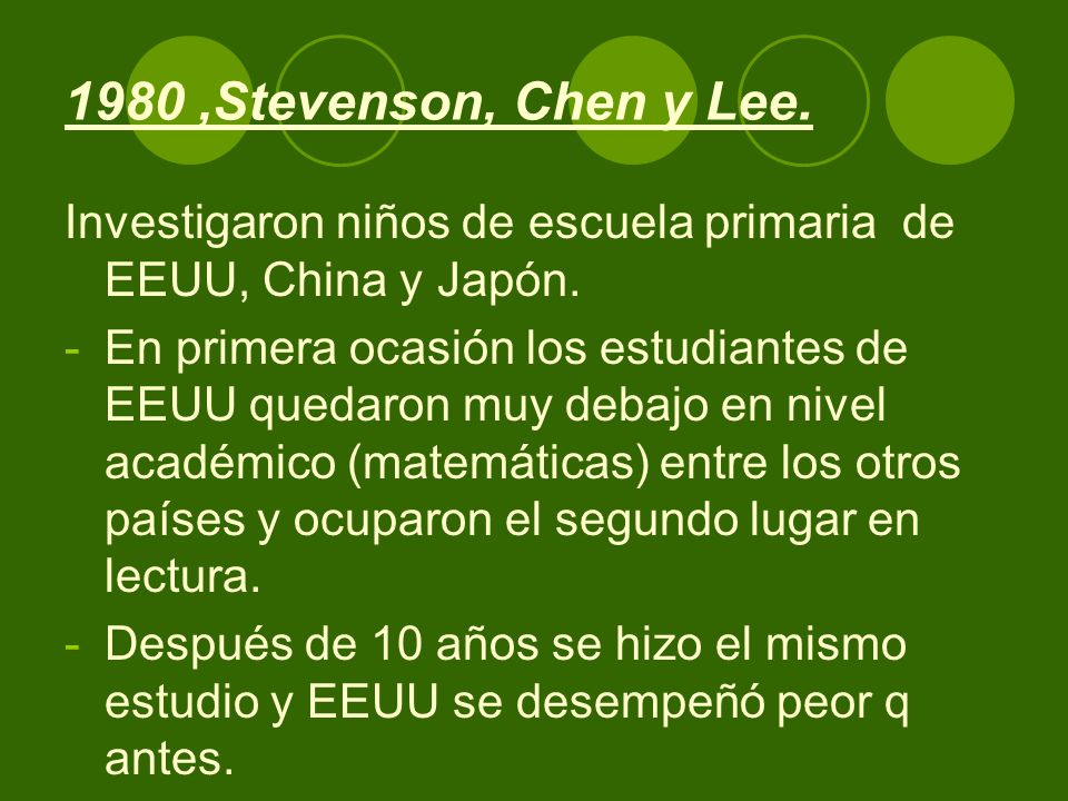 1980 ,Stevenson, Chen y Lee. Investigaron niños de escuela primaria de EEUU, China y Japón.