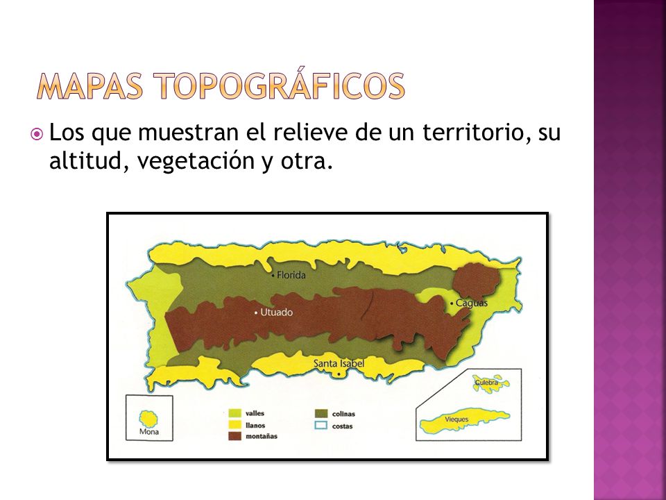 Mapas topográficos Los que muestran el relieve de un territorio, su altitud, vegetación y otra.
