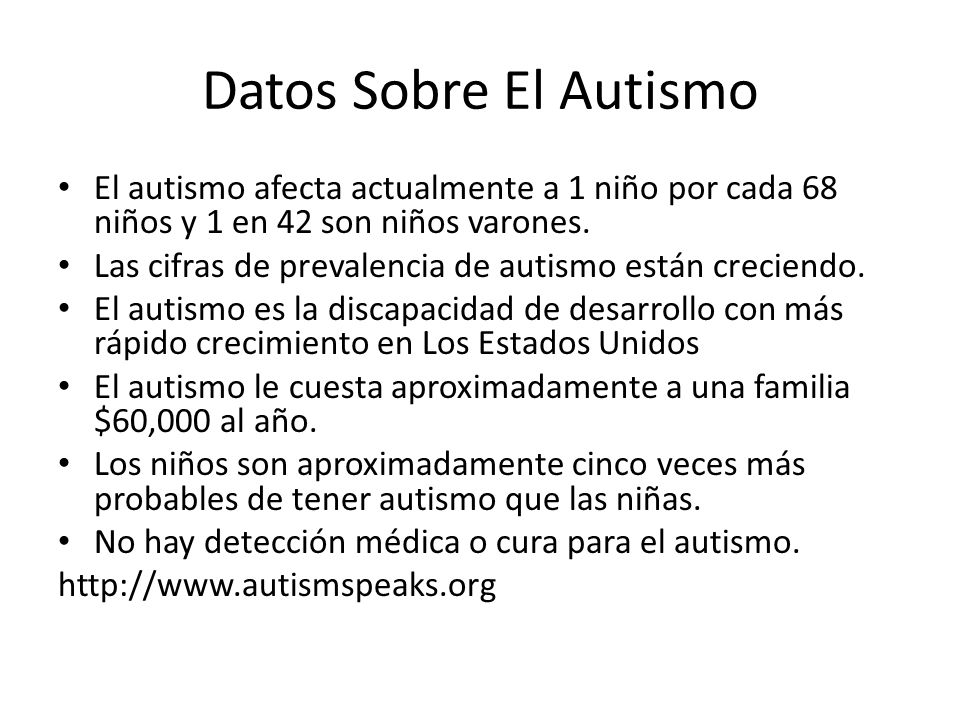 Datos Sobre El Autismo El autismo afecta actualmente a 1 niño por cada 68 niños y 1 en 42 son niños varones.