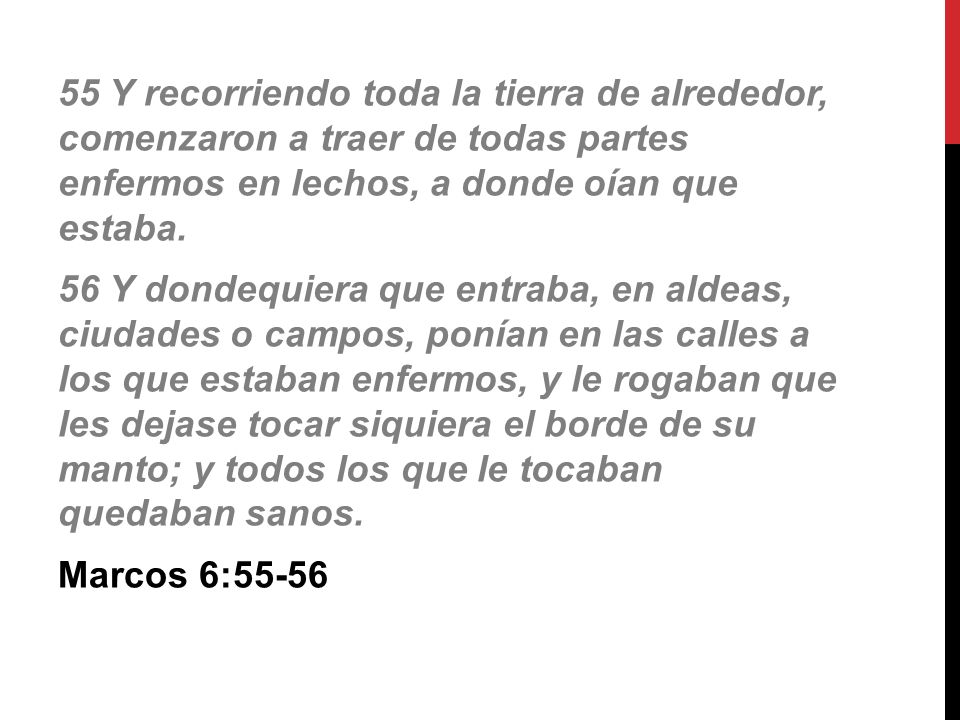 55 Y recorriendo toda la tierra de alrededor, comenzaron a traer de todas partes enfermos en lechos, a donde oían que estaba.
