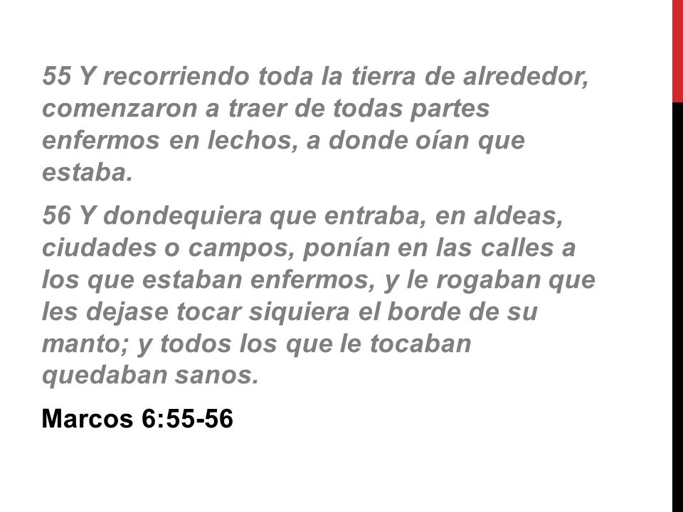 55 Y recorriendo toda la tierra de alrededor, comenzaron a traer de todas partes enfermos en lechos, a donde oían que estaba.