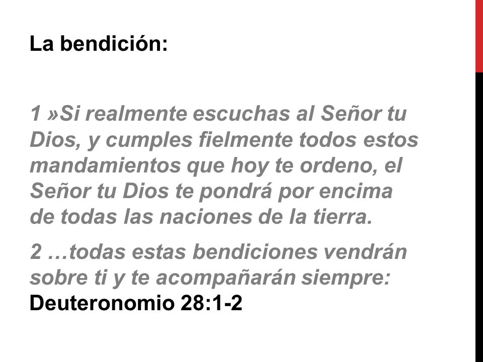 La bendición: 1 »Si realmente escuchas al Señor tu Dios, y cumples fielmente todos estos mandamientos que hoy te ordeno, el Señor tu Dios te pondrá por encima de todas las naciones de la tierra.