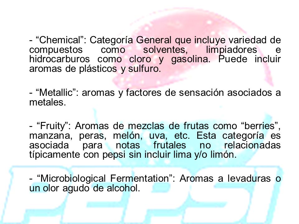 - Chemical : Categoría General que incluye variedad de compuestos como solventes, limpiadores e hidrocarburos como cloro y gasolina. Puede incluir aromas de plásticos y sulfuro.