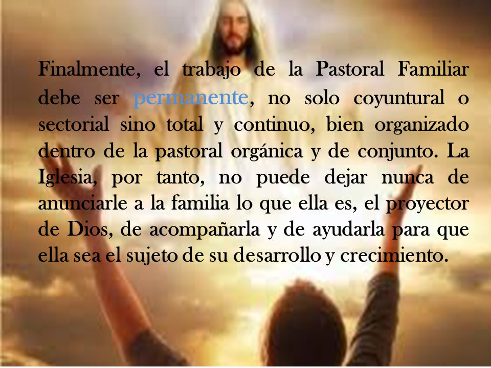 Finalmente, el trabajo de la Pastoral Familiar debe ser permanente, no solo coyuntural o sectorial sino total y continuo, bien organizado dentro de la pastoral orgánica y de conjunto.