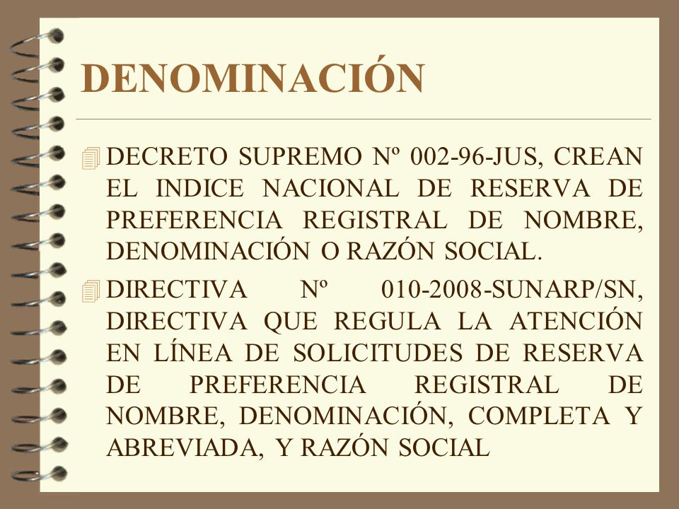 DENOMINACIÓN DECRETO SUPREMO Nº JUS, CREAN EL INDICE NACIONAL DE RESERVA DE PREFERENCIA REGISTRAL DE NOMBRE, DENOMINACIÓN O RAZÓN SOCIAL.