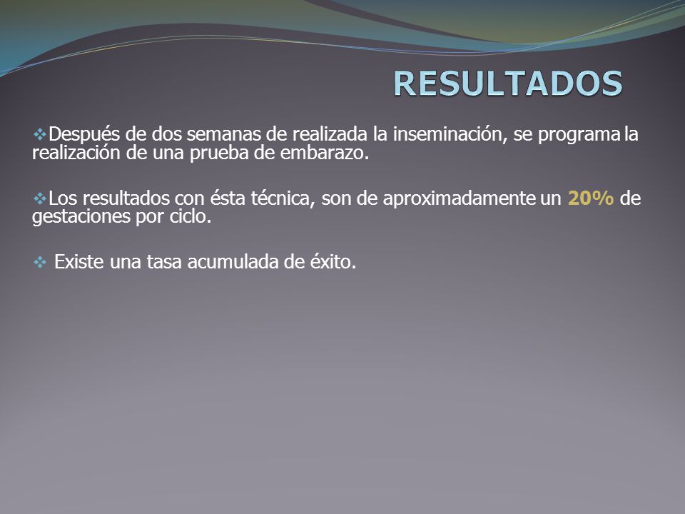 RESULTADOS Después de dos semanas de realizada la inseminación, se programa la realización de una prueba de embarazo.