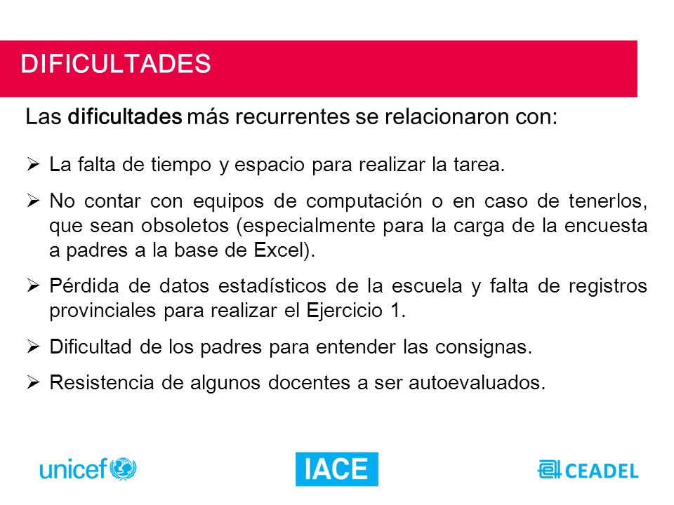 DIFICULTADES Las dificultades más recurrentes se relacionaron con: La falta de tiempo y espacio para realizar la tarea.