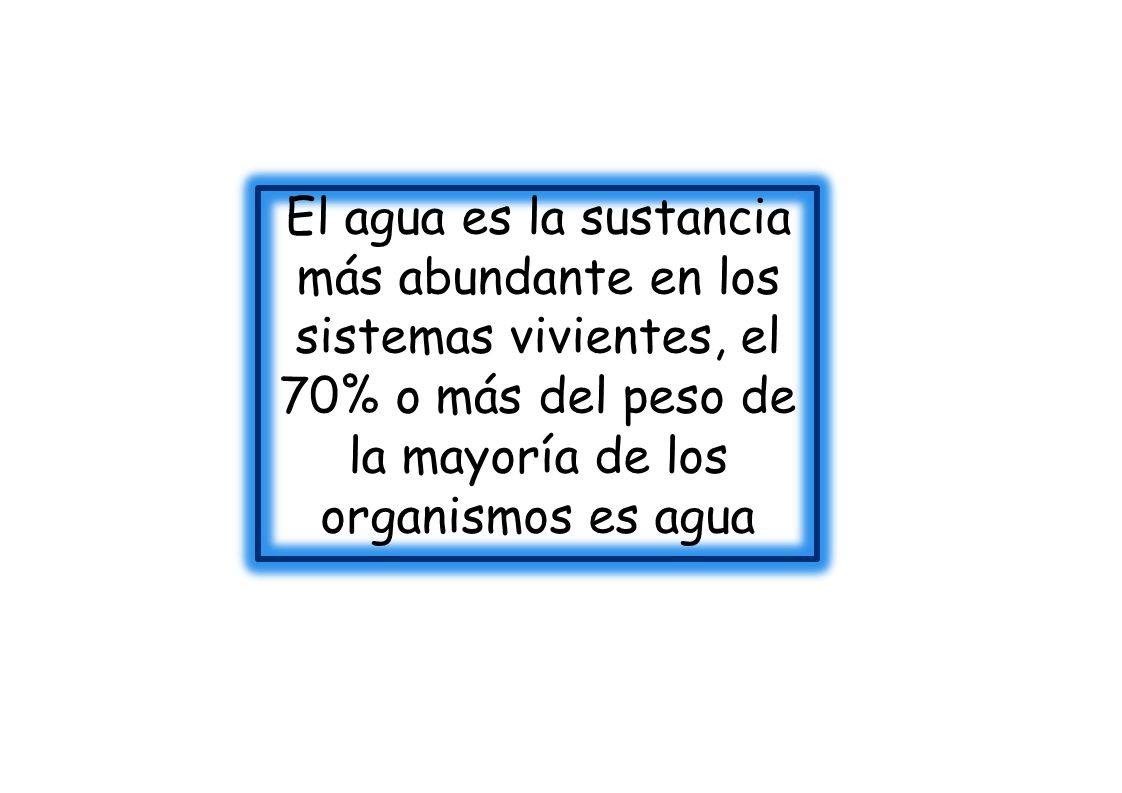 El agua es la sustancia más abundante en los sistemas vivientes, el 70% o más del peso de la mayoría de los organismos es agua