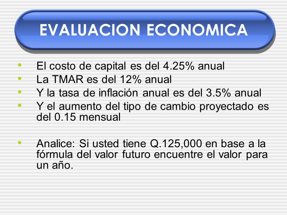 EVALUACION ECONOMICA El costo de capital es del 4.25% anual