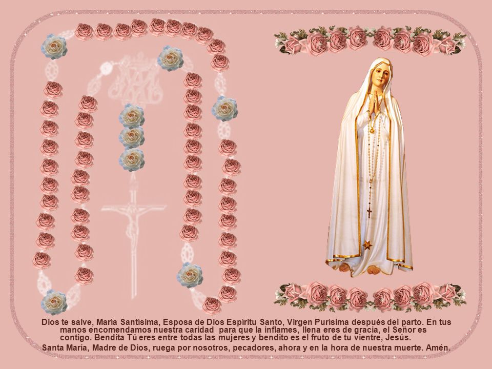 Dios te salve, María Santísima, Esposa de Dios Espíritu Santo, Virgen Purísima después del parto. En tus manos encomendamos nuestra caridad para que la inflames, llena eres de gracia, el Señor es contigo. Bendita Tú eres entre todas las mujeres y bendito es el fruto de tu vientre, Jesús.