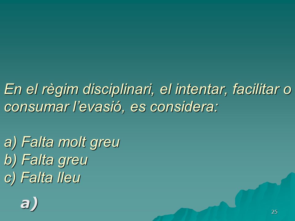 En el règim disciplinari, el intentar, facilitar o consumar l’evasió, es considera: a) Falta molt greu b) Falta greu c) Falta lleu