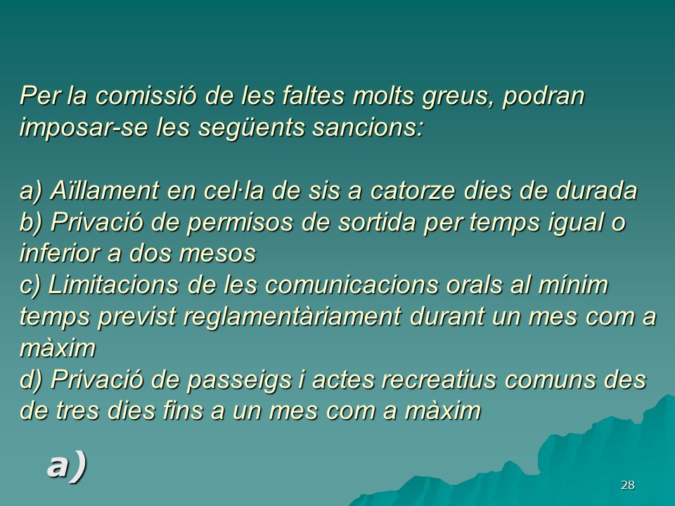 Per la comissió de les faltes molts greus, podran imposar-se les següents sancions: a) Aïllament en cel·la de sis a catorze dies de durada b) Privació de permisos de sortida per temps igual o inferior a dos mesos c) Limitacions de les comunicacions orals al mínim temps previst reglamentàriament durant un mes com a màxim d) Privació de passeigs i actes recreatius comuns des de tres dies fins a un mes com a màxim