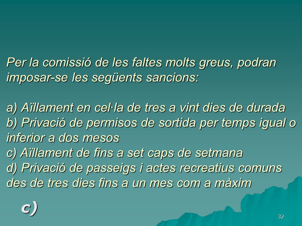 Per la comissió de les faltes molts greus, podran imposar-se les següents sancions: a) Aïllament en cel·la de tres a vint dies de durada b) Privació de permisos de sortida per temps igual o inferior a dos mesos c) Aïllament de fins a set caps de setmana d) Privació de passeigs i actes recreatius comuns des de tres dies fins a un mes com a màxim