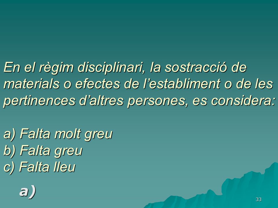 En el règim disciplinari, la sostracció de materials o efectes de l’establiment o de les pertinences d’altres persones, es considera: a) Falta molt greu b) Falta greu c) Falta lleu
