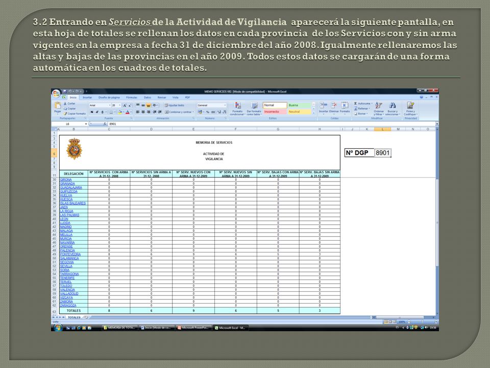 3.2 Entrando en Servicios de la Actividad de Vigilancia aparecerá la siguiente pantalla, en esta hoja de totales se rellenan los datos en cada provincia de los Servicios con y sin arma vigentes en la empresa a fecha 31 de diciembre del año 2008.