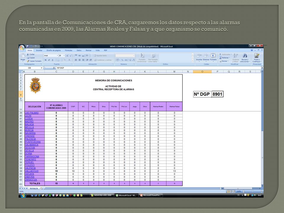 En la pantalla de Comunicaciones de CRA, cargaremos los datos respecto a las alarmas comunicadas en 2009, las Alarmas Reales y Falsas y a que organismo se comunicó.
