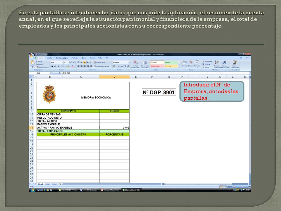 En esta pantalla se introducen los datos que nos pide la aplicación, el resumen de la cuenta anual, en el que se refleja la situación patrimonial y financiera de la empresa, el total de empleados y los principales accionistas con su correspondiente porcentaje.