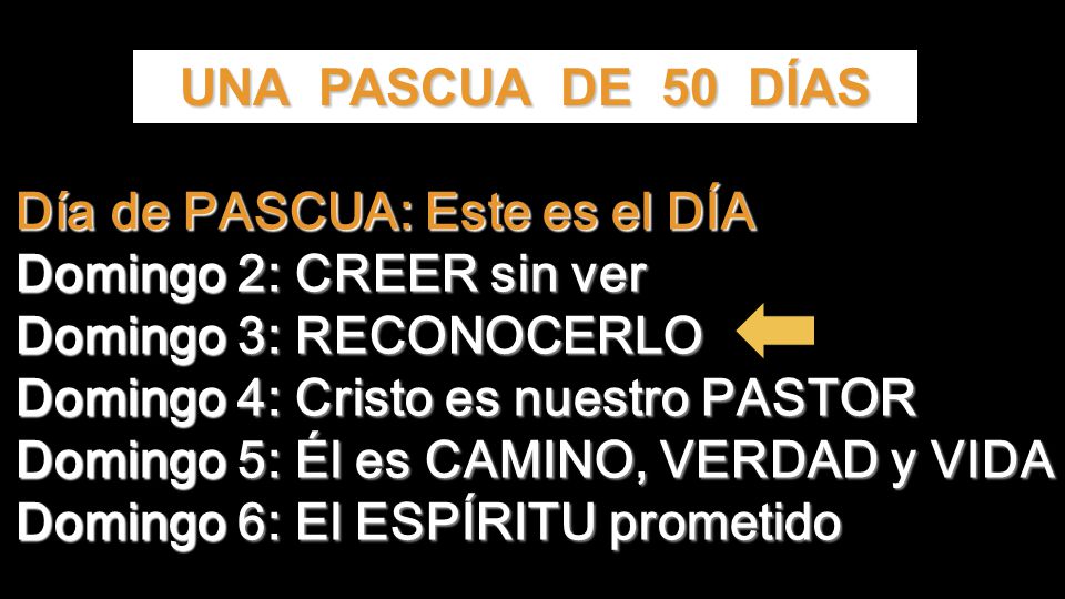 UNA PASCUA DE 50 DÍAS Día de PASCUA: Este es el DÍA. Domingo 2: CREER sin ver. Domingo 3: RECONOCERLO.