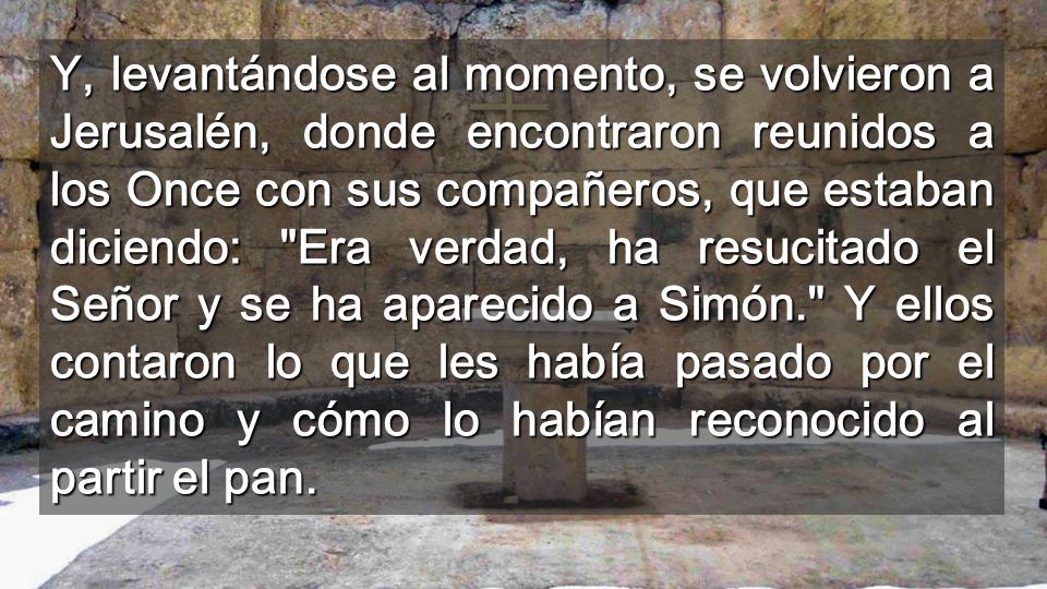 Y, levantándose al momento, se volvieron a Jerusalén, donde encontraron reunidos a los Once con sus compañeros, que estaban diciendo: Era verdad, ha resucitado el Señor y se ha aparecido a Simón. Y ellos contaron lo que les había pasado por el camino y cómo lo habían reconocido al partir el pan.