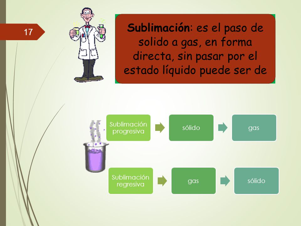 Sublimación: es el paso de solido a gas, en forma directa, sin pasar por el estado líquido puede ser de
