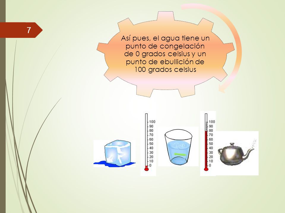 Así pues, el agua tiene un punto de congelación de 0 grados celsius y un punto de ebullición de 100 grados celsius