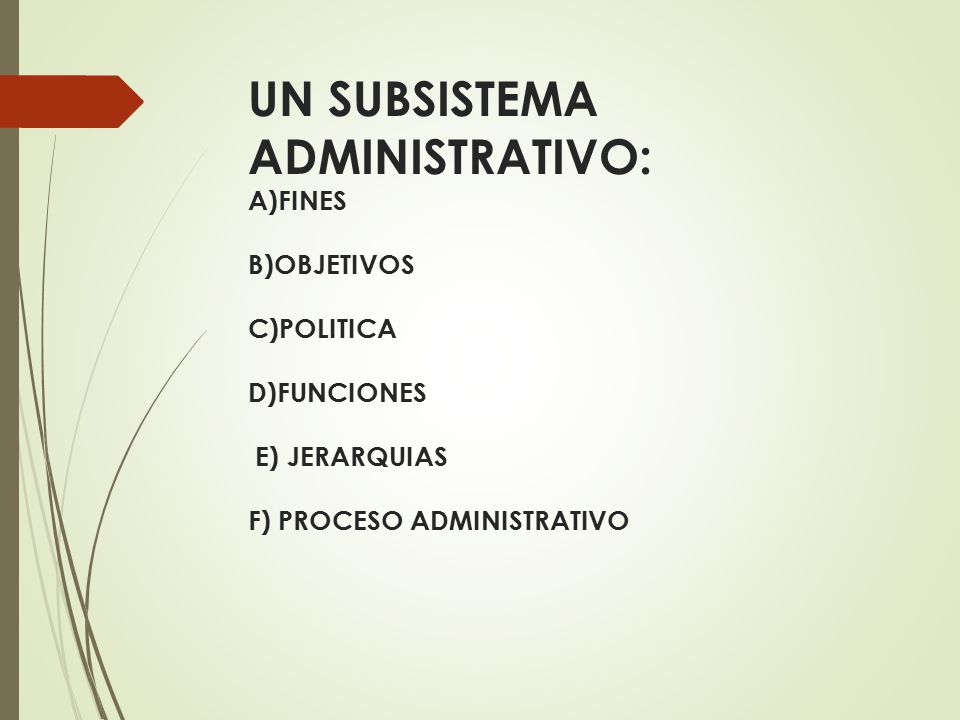 UN SUBSISTEMA ADMINISTRATIVO: A)FINES B)OBJETIVOS C)POLITICA D)FUNCIONES E) JERARQUIAS F) PROCESO ADMINISTRATIVO