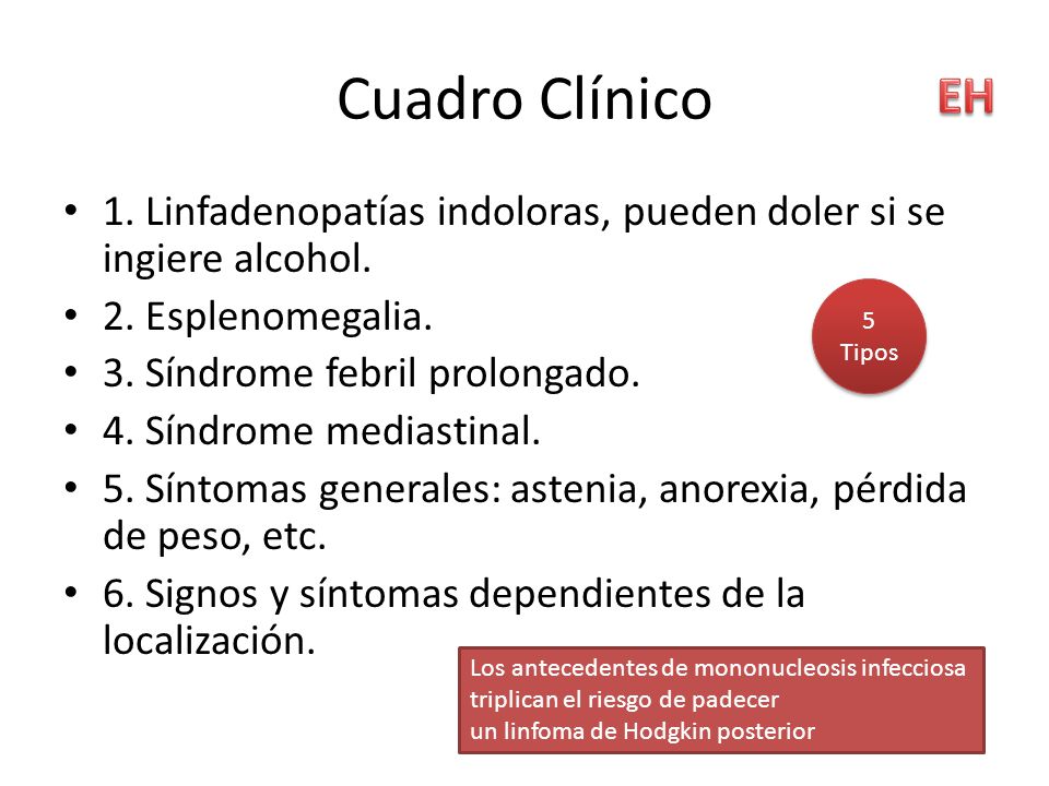 Cuadro Clínico EH. 1. Linfadenopatías indoloras, pueden doler si se ingiere alcohol. 2. Esplenomegalia.