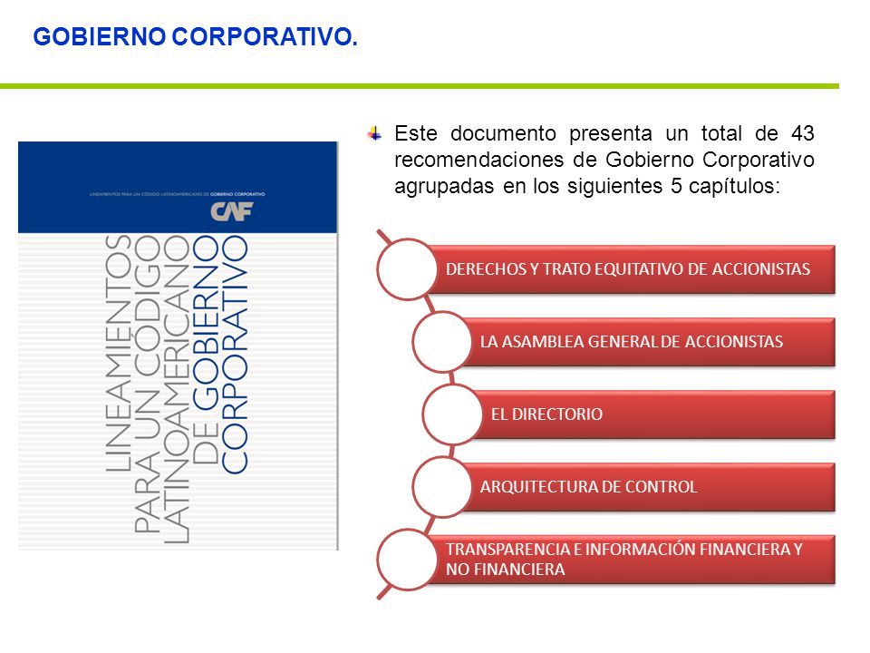 GOBIERNO CORPORATIVO. Este documento presenta un total de 43 recomendaciones de Gobierno Corporativo agrupadas en los siguientes 5 capítulos: