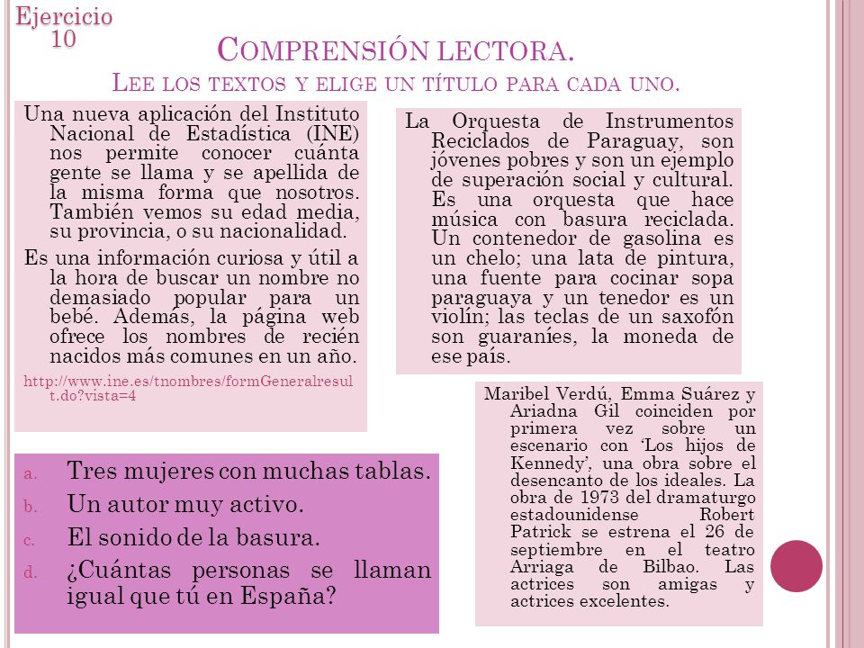 Comprensión lectora. Lee los textos y elige un título para cada uno.