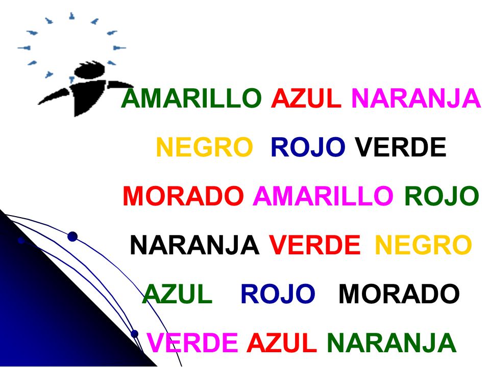 AMARILLO AZUL NARANJA NEGRO ROJO VERDE. MORADO AMARILLO ROJO. NARANJA VERDE NEGRO. AZUL ROJO MORADO.