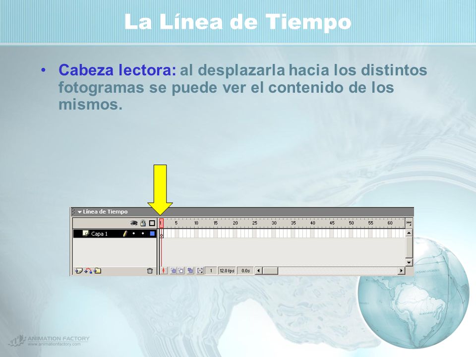 La Línea de Tiempo Cabeza lectora: al desplazarla hacia los distintos fotogramas se puede ver el contenido de los mismos.