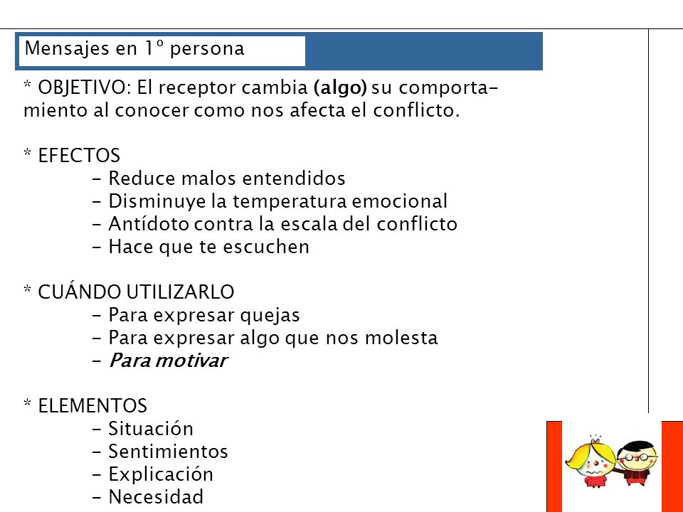 Mensajes en 1º persona * OBJETIVO: El receptor cambia (algo) su comporta- miento al conocer como nos afecta el conflicto.