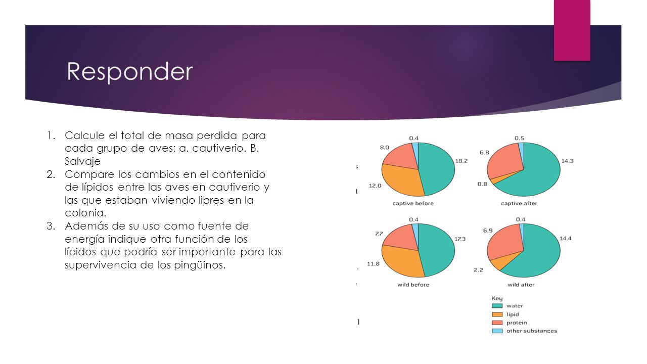 Responder Calcule el total de masa perdida para cada grupo de aves: a. cautiverio. B. Salvaje.