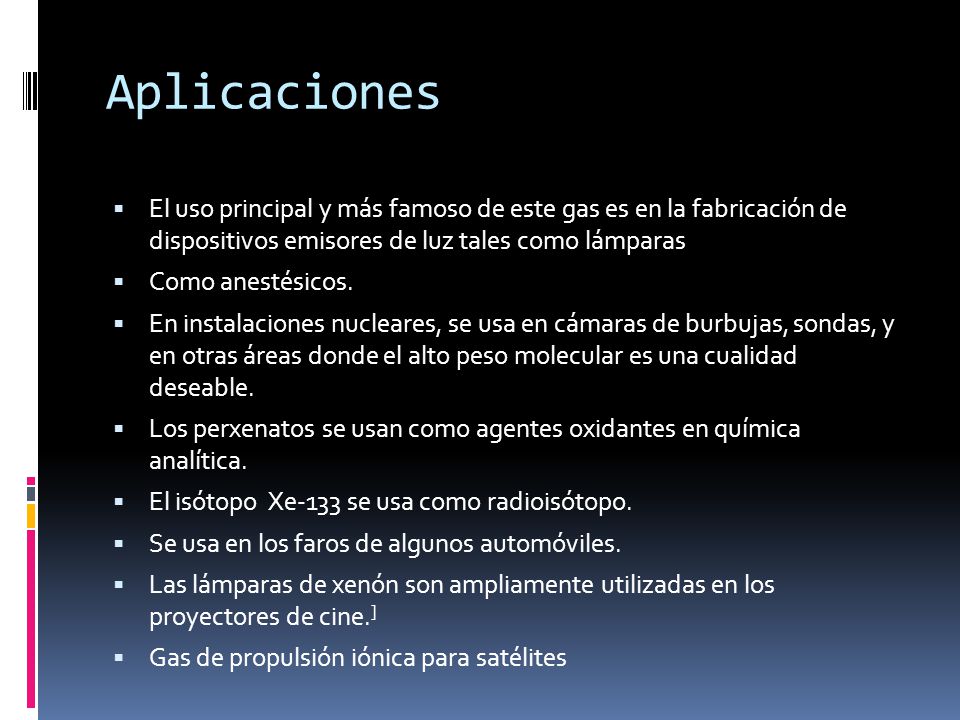 Aplicaciones El uso principal y más famoso de este gas es en la fabricación de dispositivos emisores de luz tales como lámparas.
