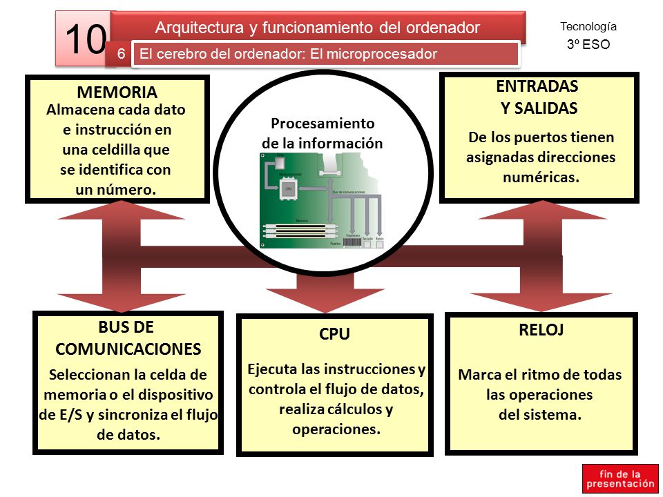 10 ENTRADAS MEMORIA Y SALIDAS BUS DE RELOJ CPU COMUNICACIONES