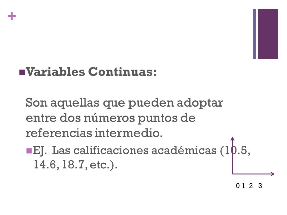 Variables Continuas: Son aquellas que pueden adoptar entre dos números puntos de referencias intermedio.
