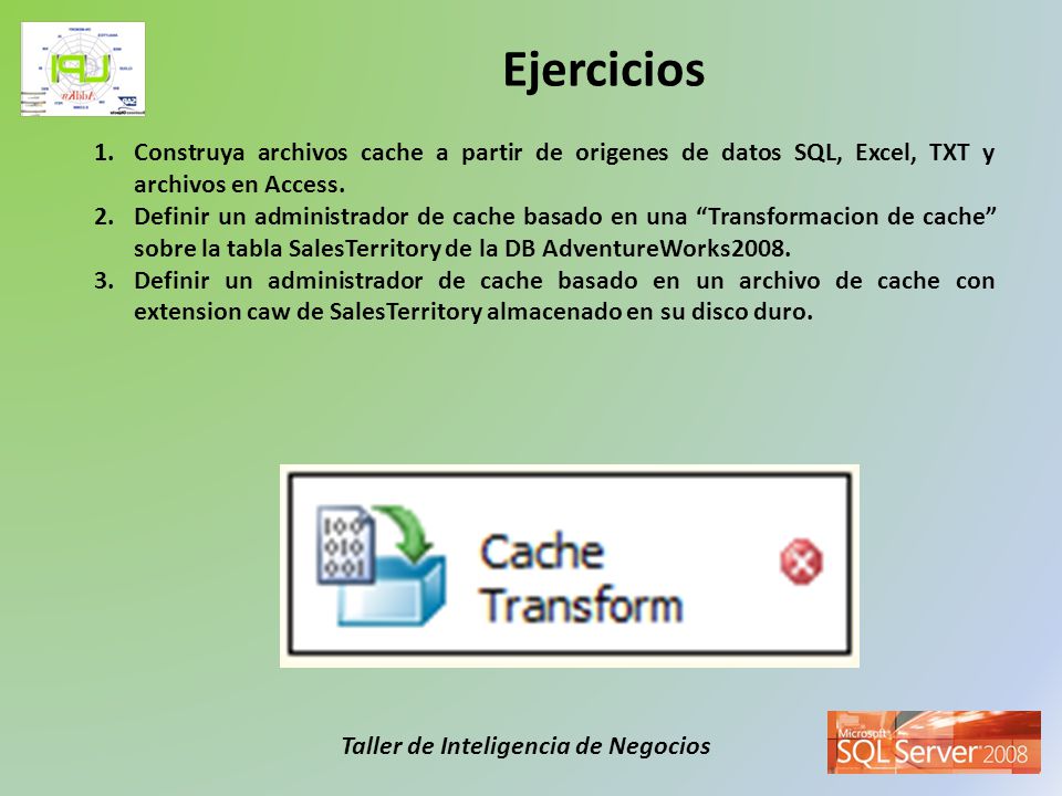 Ejercicios Construya archivos cache a partir de origenes de datos SQL, Excel, TXT y archivos en Access.