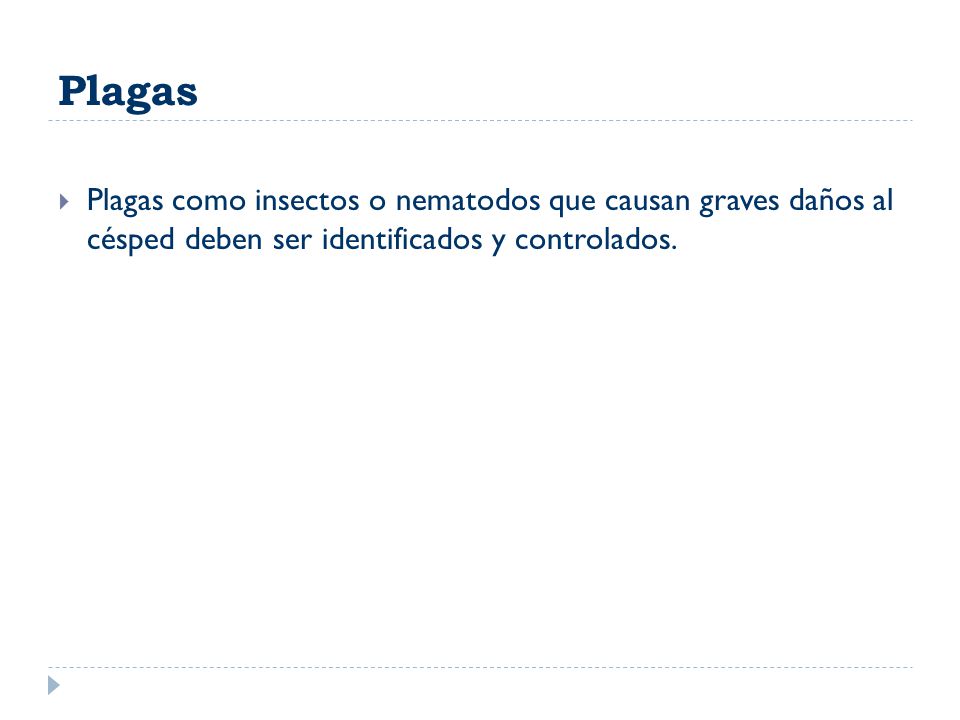 Plagas Plagas como insectos o nematodos que causan graves daños al césped deben ser identificados y controlados.