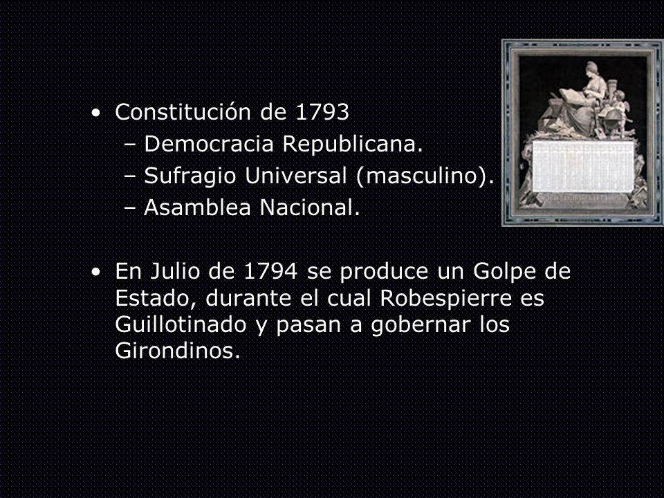 Constitución de 1793 Democracia Republicana. Sufragio Universal (masculino). Asamblea Nacional.