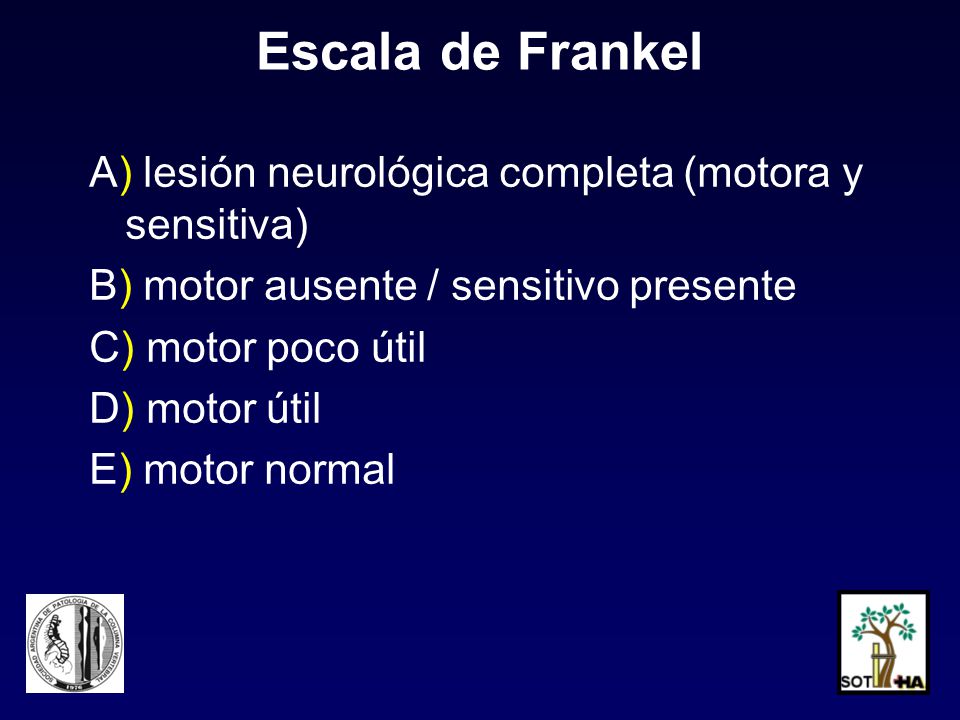 Escala de Frankel A) lesión neurológica completa (motora y sensitiva)
