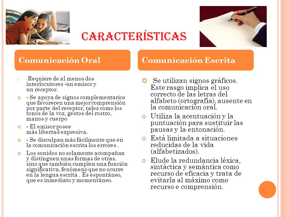 CARACTERÍSTICAS Comunicación Oral. Comunicación Escrita. - Requiere de al menos dos interlocutores -un emisor y un receptor.