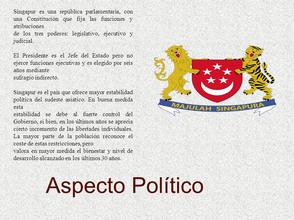 Singapur es una república parlamentaria, con una Constitución que fija las funciones y atribuciones