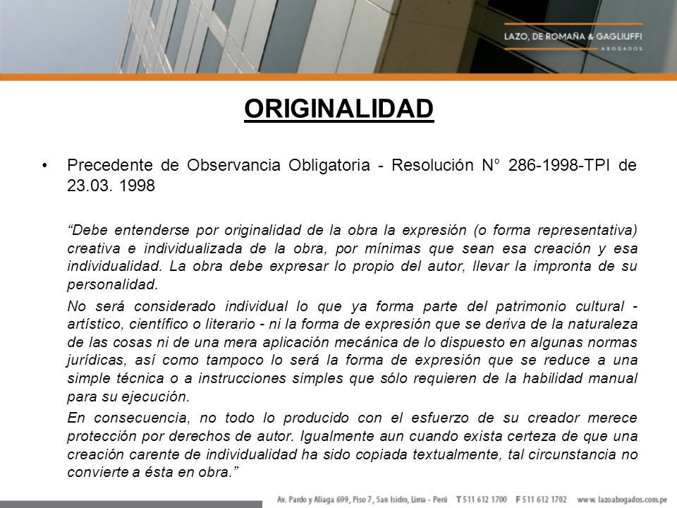 ORIGINALIDAD Precedente de Observancia Obligatoria - Resolución N° TPI de