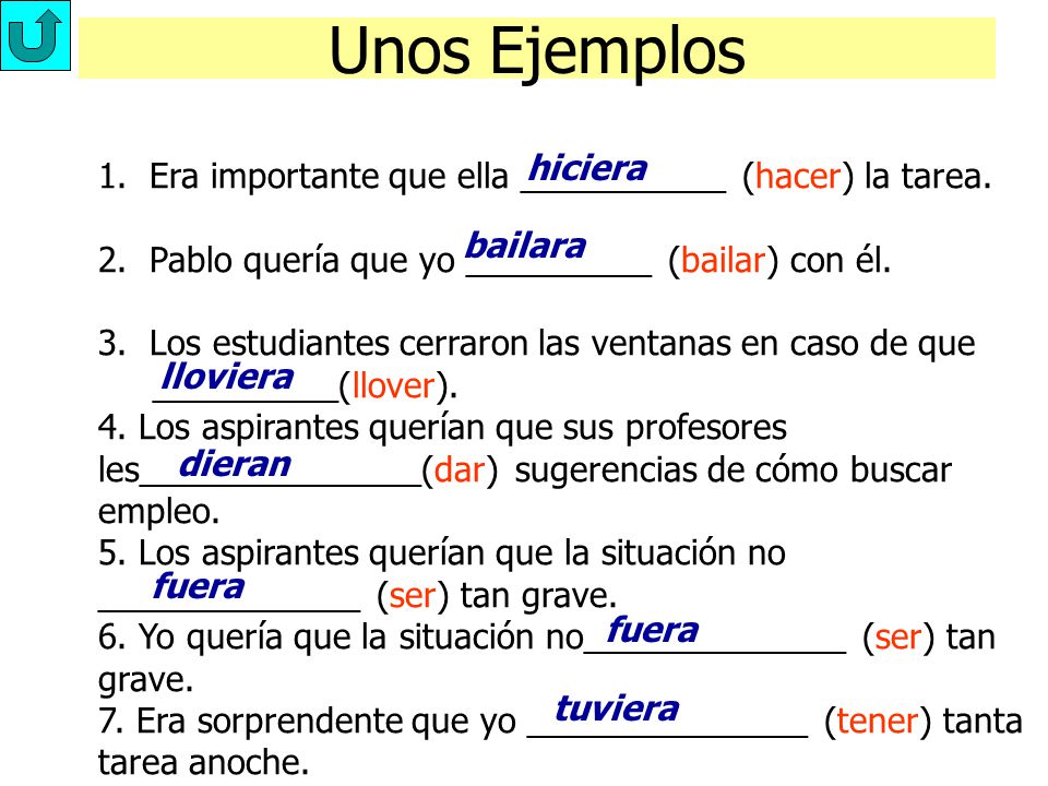 Unos Ejemplos hiciera. 1. Era importante que ella ___________ (hacer) la tarea. 2. Pablo quería que yo __________ (bailar) con él.