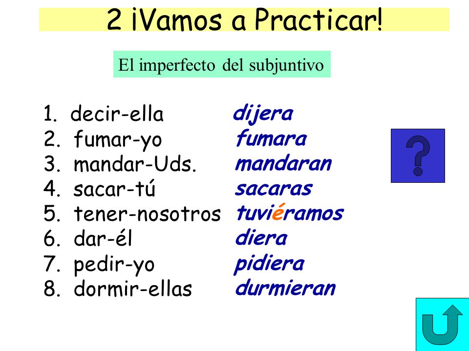 2 ¡Vamos a Practicar! 1. decir-ella dijera 2. fumar-yo fumara