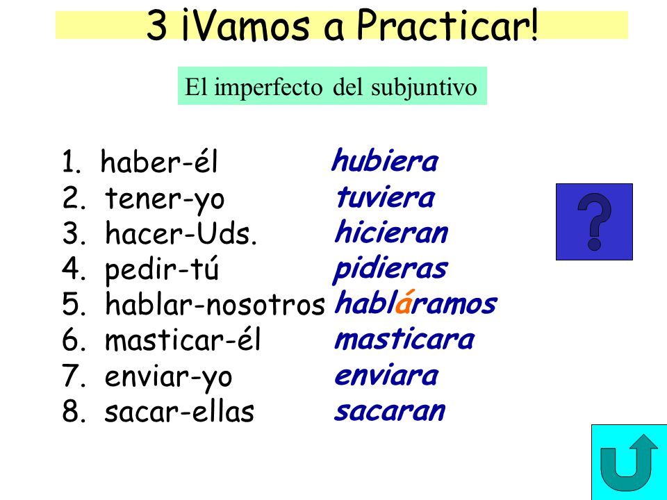 3 ¡Vamos a Practicar! 1. haber-él hubiera 2. tener-yo tuviera