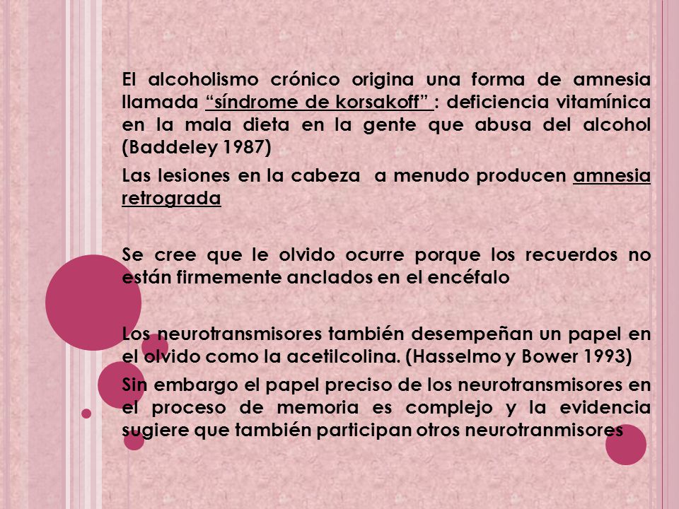 El alcoholismo crónico origina una forma de amnesia llamada síndrome de korsakoff : deficiencia vitamínica en la mala dieta en la gente que abusa del alcohol (Baddeley 1987)